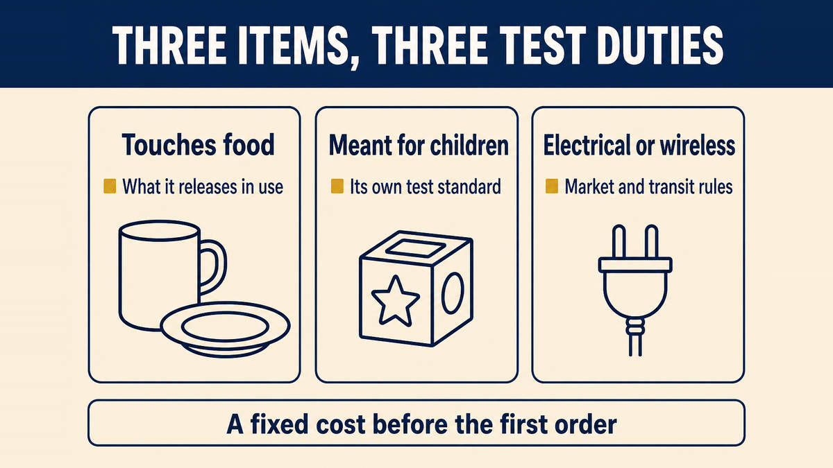 Three groups of items compared side by side: articles that contact food, items intended for children, and electrical goods, each carrying a different testing duty