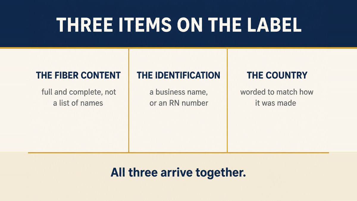 A three column infographic titled Three Items on the Label showing the fiber content, the identification and the country of origin
