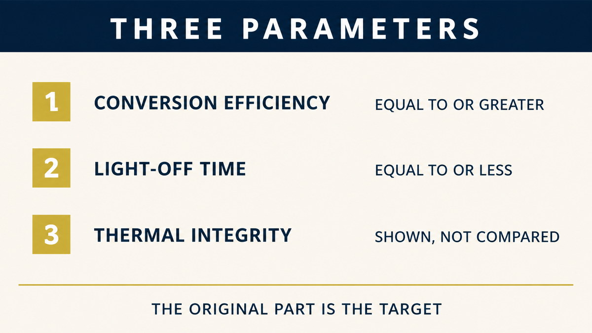 An infographic listing the three emission-critical parameters for a replacement catalytic converter, conversion efficiency which must equal or exceed the original, light-off time which must equal or be less than the original, and mechanical and thermal integrity which is shown rather than compared