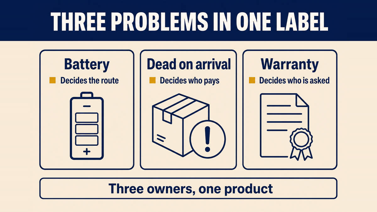 Three columns compared: the battery decides the shipping route, a dead-on-arrival rate decides who pays for breakage, and the warranty decides who the buyer returns to