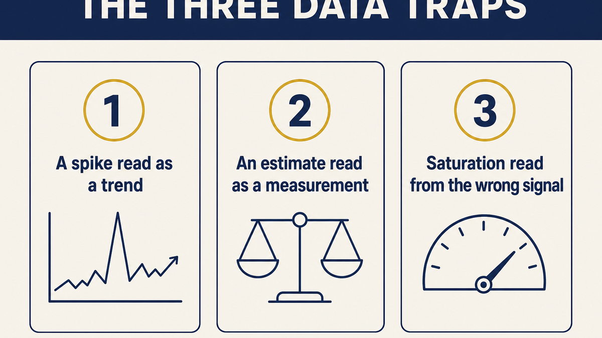 The three data traps in product research: a spike read as a trend, an estimate read as a measurement, and saturation read from the wrong signal