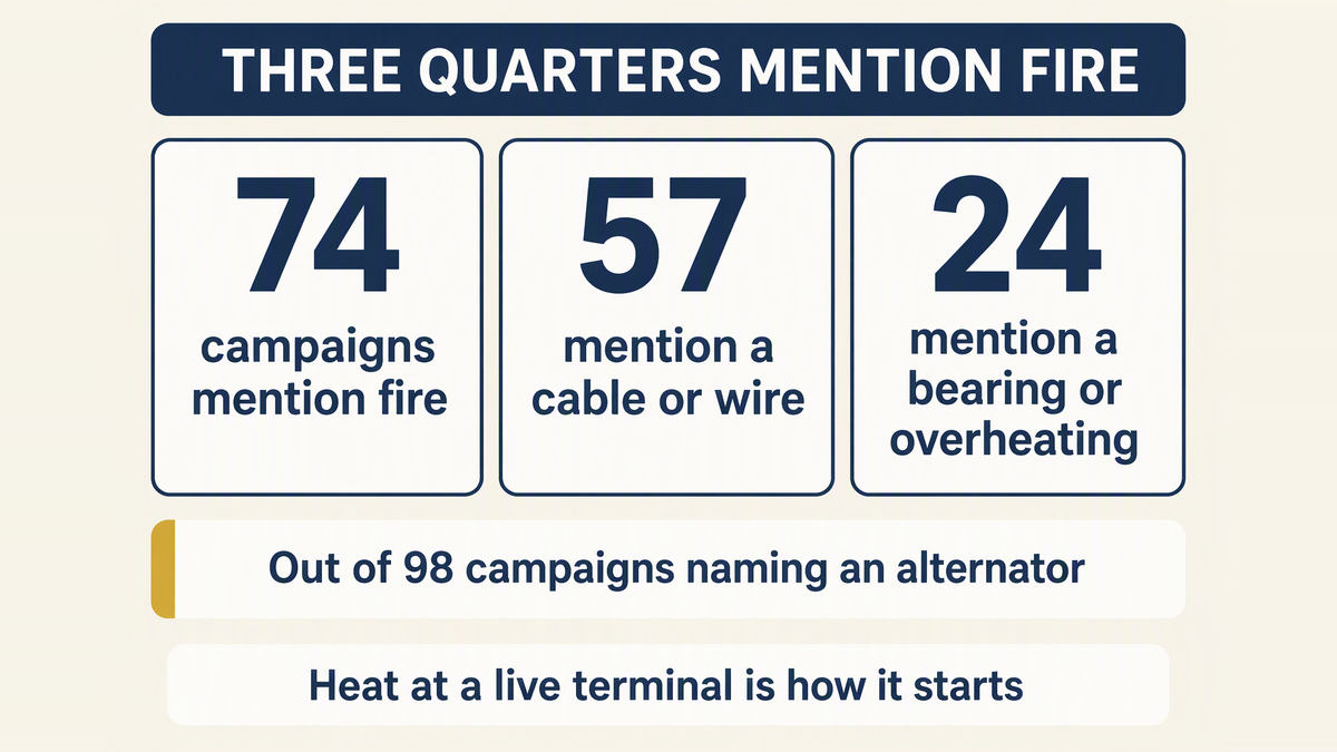Seventy-four of the ninety-eight federal campaigns naming an alternator mention fire somewhere in the record, against fifty-seven mentioning a cable or wire and twenty-four mentioning a bearing or overheating