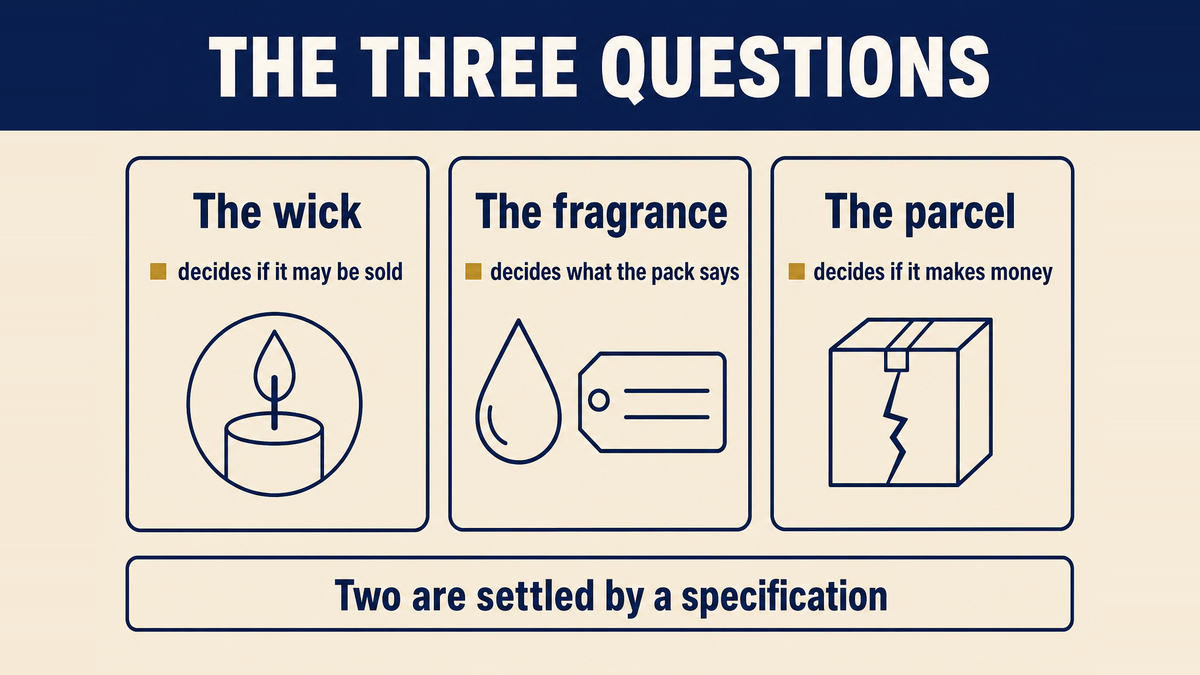 The three questions that decide a candle compared: the wick decides whether it may be sold, the fragrance decides what the packaging says, and the parcel decides whether the order makes money