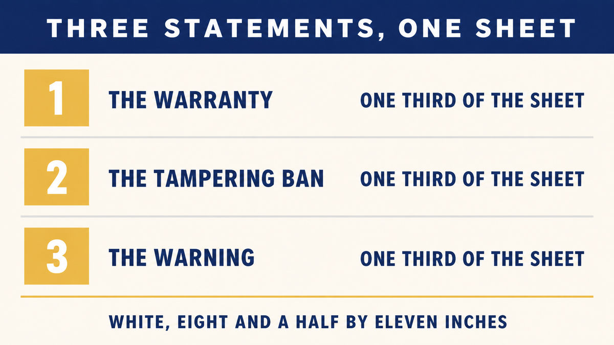 An infographic titled Three Statements, One Sheet showing the warranty, the tampering ban and the warning, each limited to one third of a white sheet of eight and a half by eleven inches