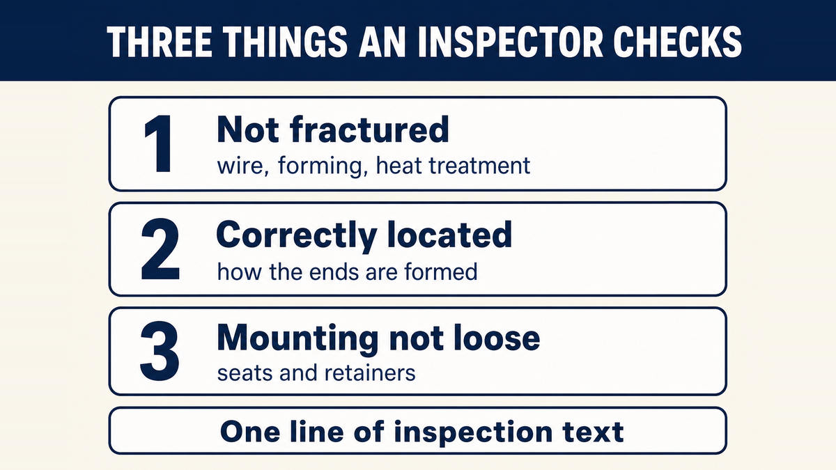 The three criteria an inspection names for a coil spring: incorrectly located, fractured, and mounting loose, together with spring holding down bolts loose or missing
