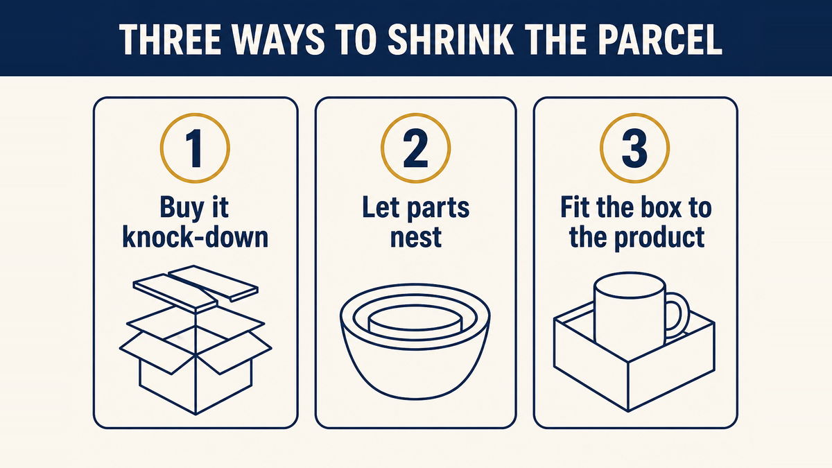 Three ways to cut parcel volume on home decor: flat-pack or knock-down design, nesting components, and a box that fits the product