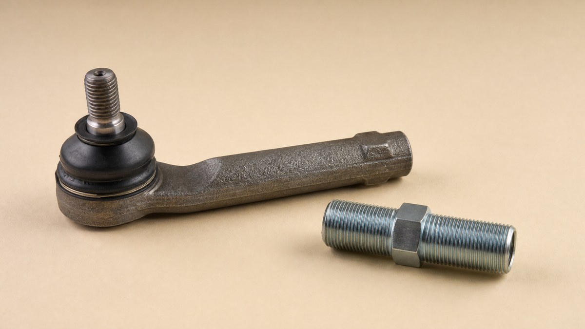 Tie rod end with threaded stud and rubber boot beside an adjusting sleeve