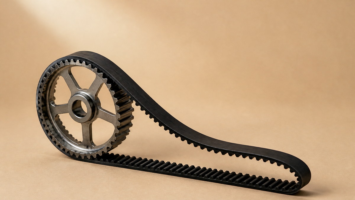 Timing belt looped over a camshaft sprocket, teeth and cord visible