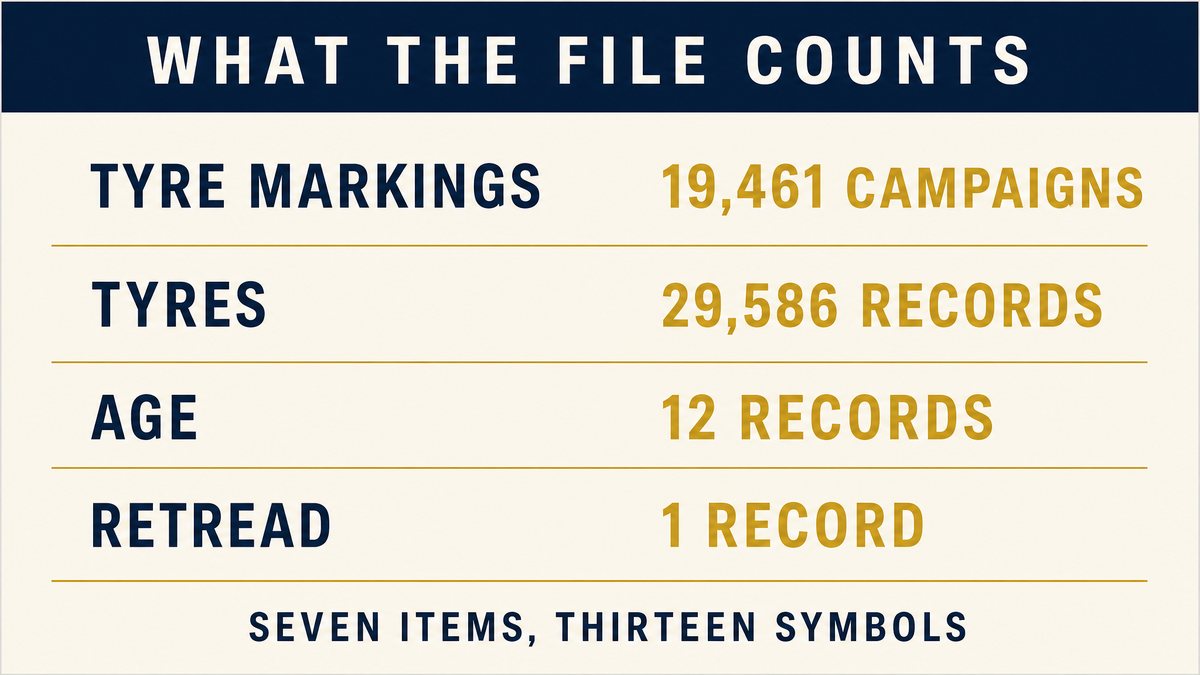 An infographic titled What the File Counts showing markings at nineteen thousand four hundred sixty one campaigns, tire at twenty nine thousand five hundred eighty six records, age at twelve records and retread at one record