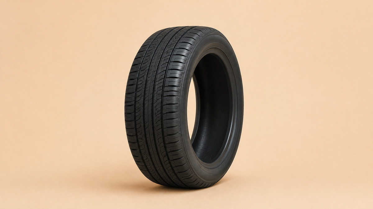 Passenger car tyre standing on a beige surface, tread band and plain sidewall visible