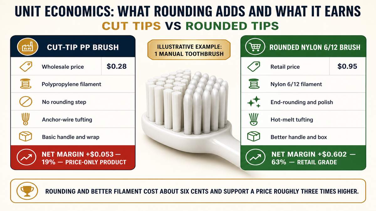 Toothbrush unit economics: PP bristle brush vs Nylon 6/12 rounded brush cost breakdown
