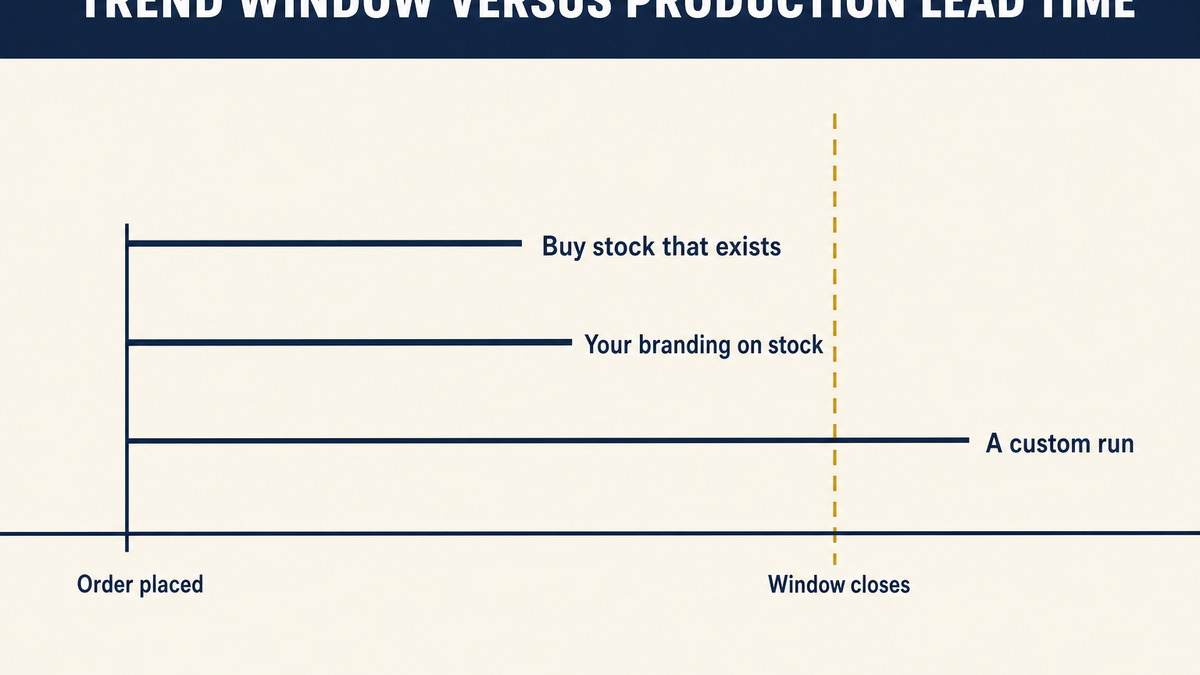 A timeline comparing the selling window of a trend against three supplier lead times: stock, branded stock and a custom run
