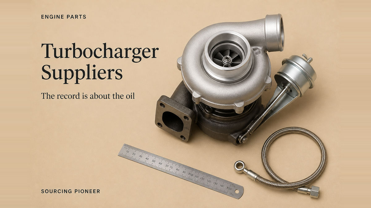 A plain unbranded automotive turbocharger on a warm beige studio surface showing its compressor housing, turbine housing and wastegate actuator, with a braided oil feed pipe and its banjo fitting lying beside it and a steel rule for scale
