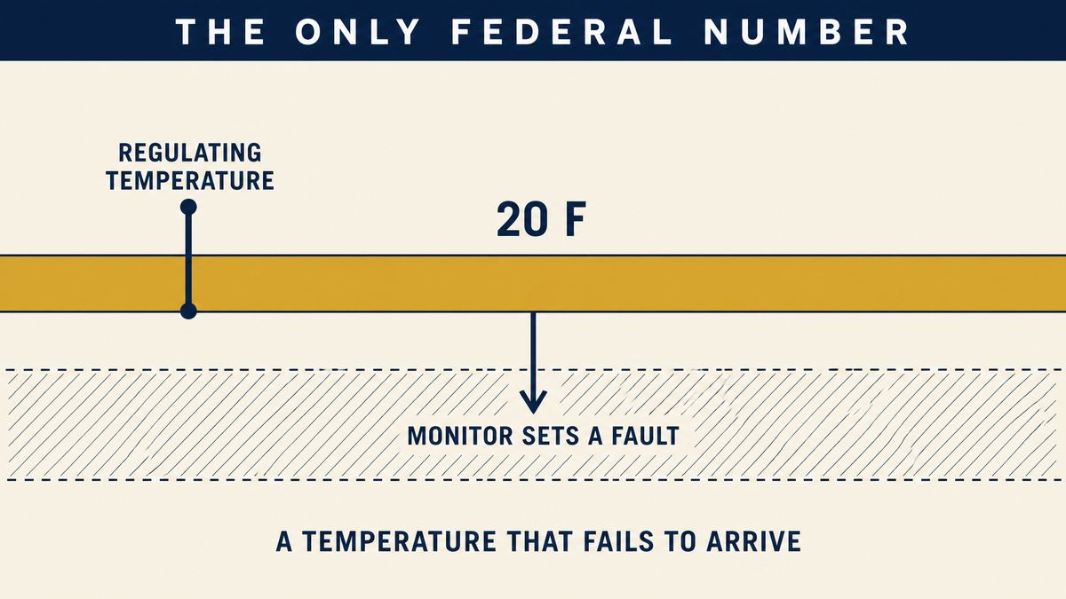 A number line showing nominal regulating temperature with a twenty degree Fahrenheit band beneath it, below which the monitor must set a fault