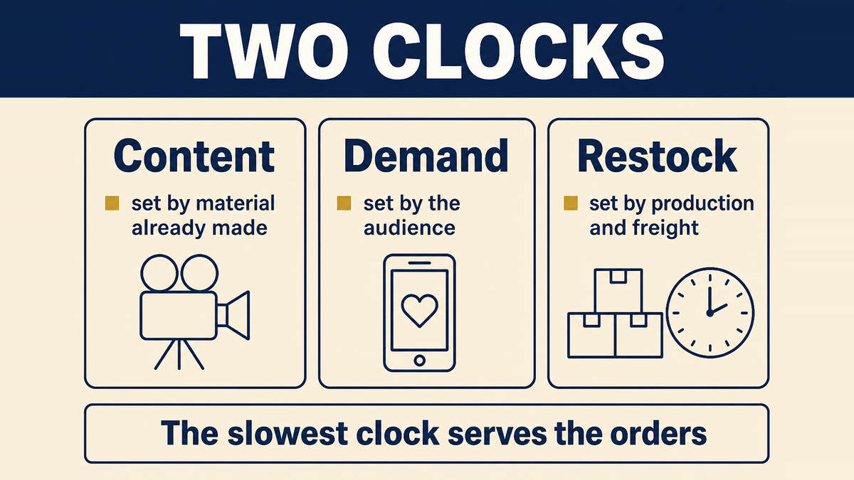 Three clocks compared side by side: the content clock set by material already made, the demand clock set by the audience, and the restock clock set by production and freight