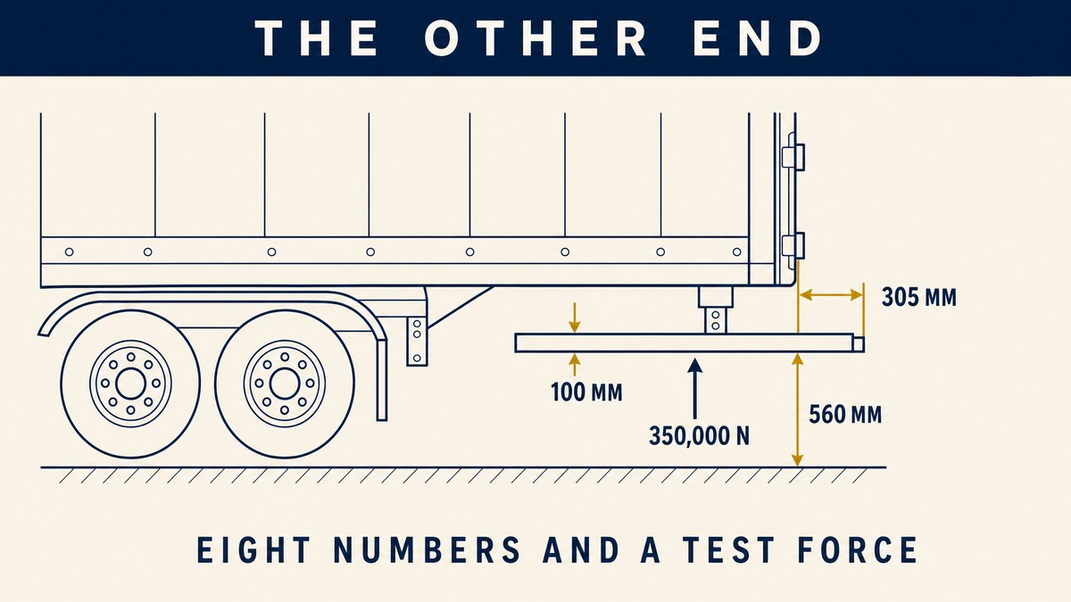 A trailer rear with its impact guard dimensioned: one hundred millimetres high, three hundred and five millimetres forward of the rear edge, five hundred and sixty millimetres above the ground, and a test force of three hundred and fifty thousand newtons