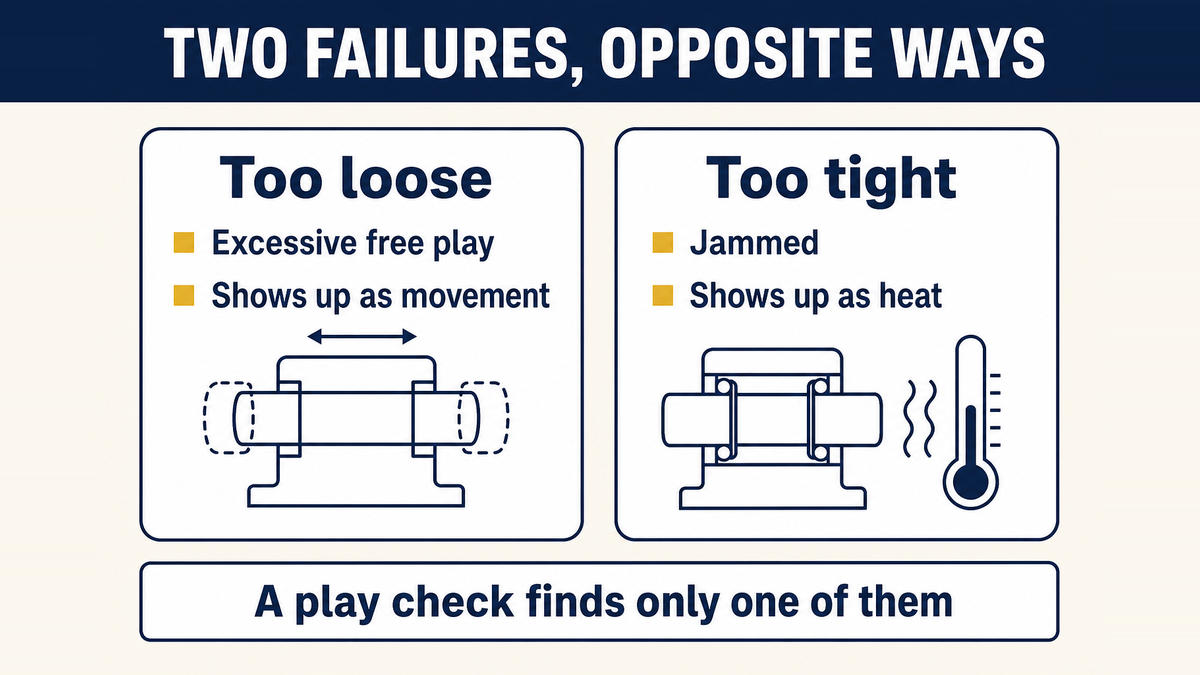 Excessive free play in wheel bearings and a wheel bearing too tight or jammed listed as separate defects of the same component