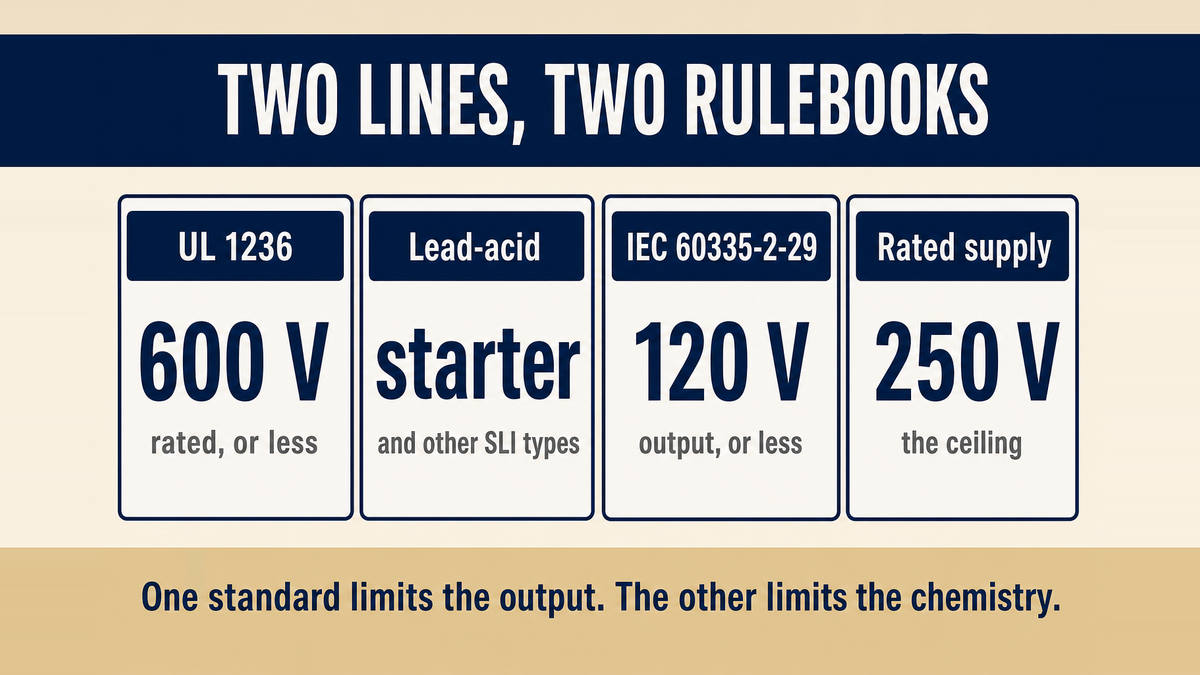 A four column infographic titled Two Lines, Two Rulebooks showing UL 1236 with a 600 volt rating, lead-acid starter and other starting lighting and ignition batteries, IEC 60335-2-29 with a 120 volt output limit, and a 250 volt rated supply ceiling, with a footer reading one standard limits the output and the other limits the chemistry
