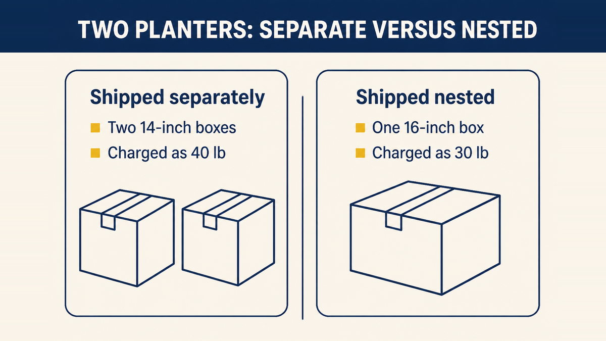 Two separate planter parcels charged at forty pounds compared with the same two planters nested in one parcel charged at thirty pounds