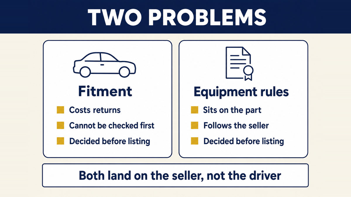 The two problems in the car accessories category set side by side: fitment deciding the return and the equipment rules attaching to the part itself