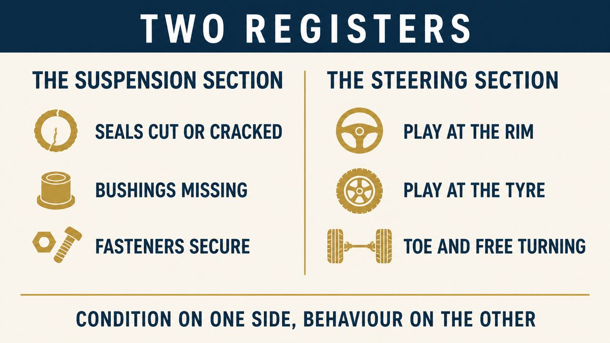 Two columns: the suspension section names condition such as seals and bushings, the steering section names behaviour such as play, free turning and toe
