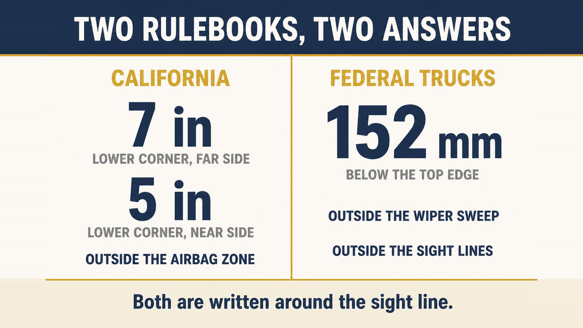 A two column infographic titled Two Rulebooks Two Answers comparing a seven inch and five inch lower corner square with an airbag zone exclusion against a six inch band below the top edge with a wiper sweep exclusion