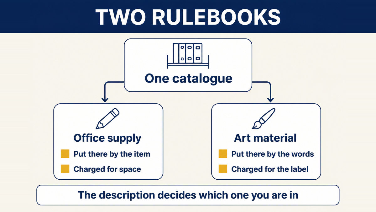 One catalogue splitting into two classes, with the office supply side governed by the item and the art material side governed by the description