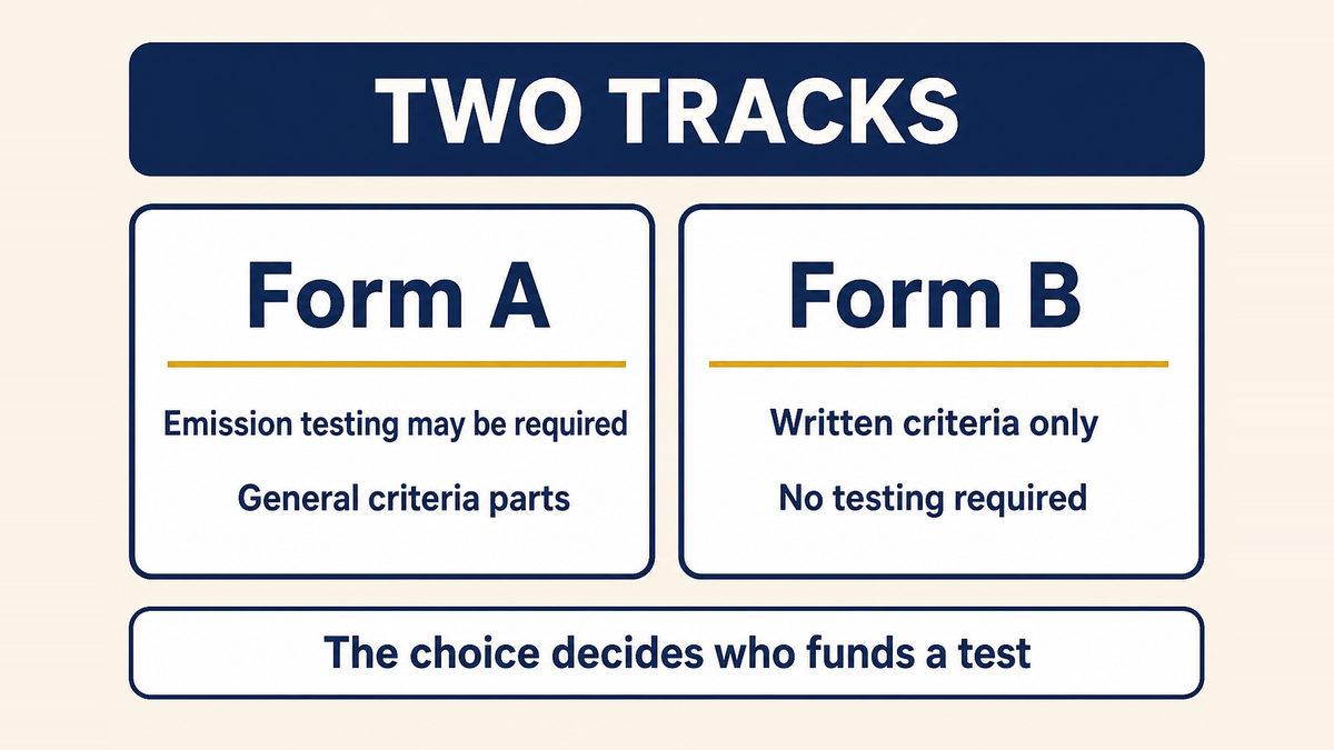 Two application tracks: Form A for parts where vehicle or engine emission testing may be required, and Form B for parts that satisfy explicit written criteria without testing