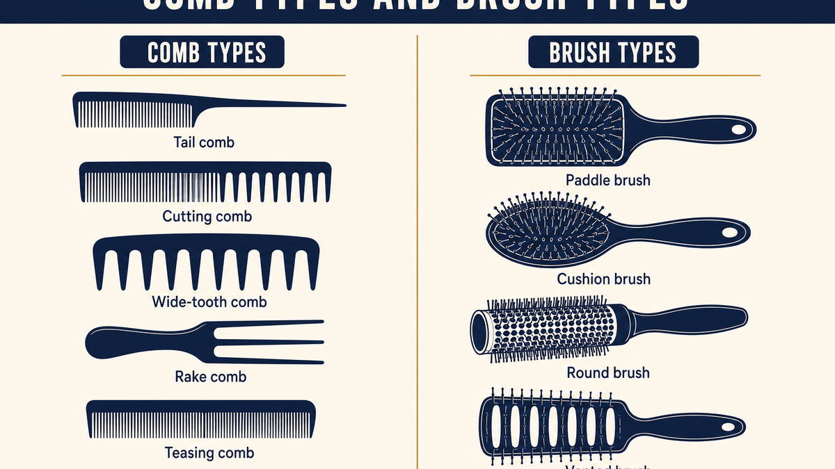 Chart of hair comb types and hair brush types with tooth spacing and head shape