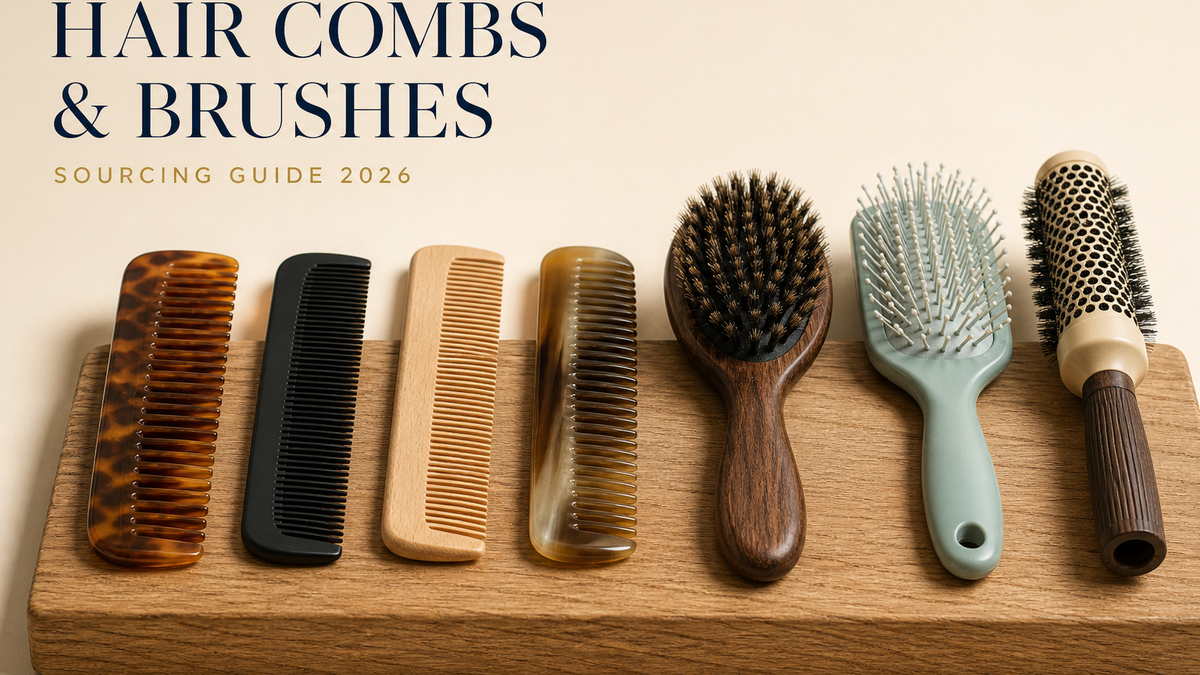 Seven hair combs and brushes on an oak block: acetate, ABS, wood, horn, boar bristle and nylon