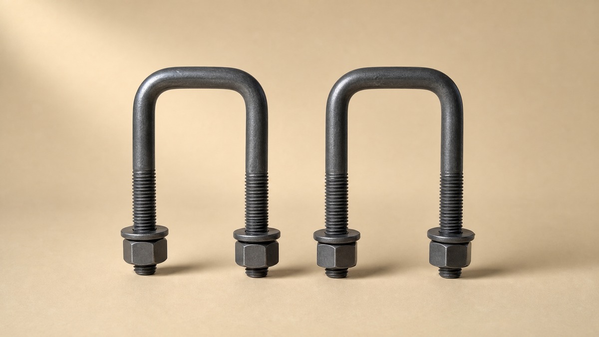 Two steel U-bolts with square bends, threaded legs, hex nuts and washers