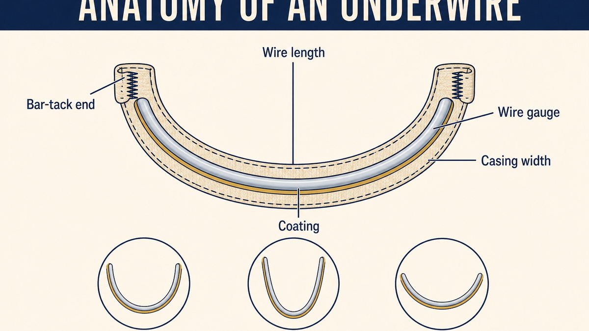 Underwire anatomy: coated steel wire, wire gauge, casing width and bar-tack ends
