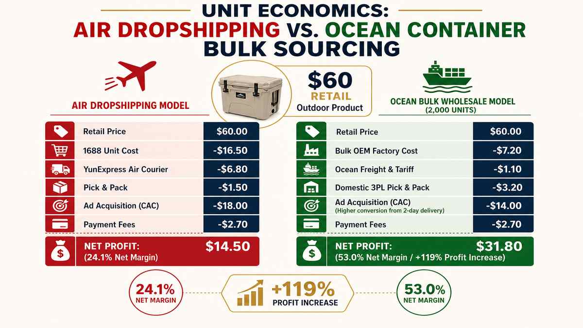 Unit Economics Air Dropshipping vs Ocean Container Bulk Sourcing Infographic