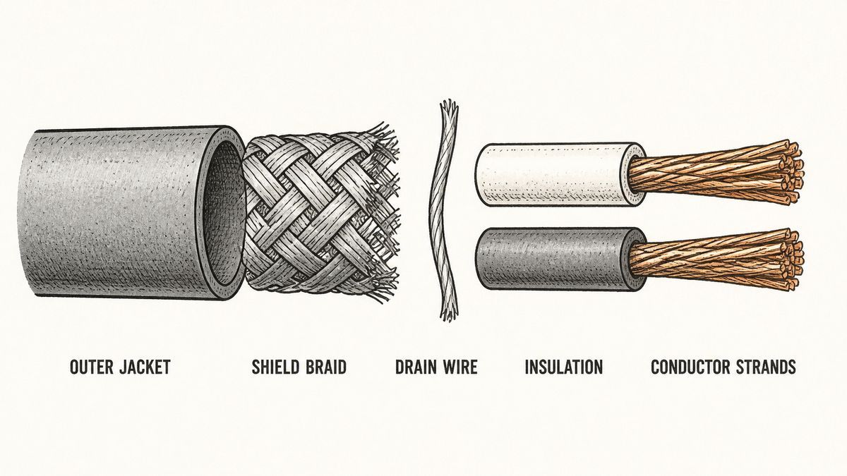 A USB cable drawn cut open lengthwise so the layers are visible in section, labelled with leader lines as the outer jacket, the braided shield, the drain wire, the insulation on each conductor and the stranded conductor bundle inside it