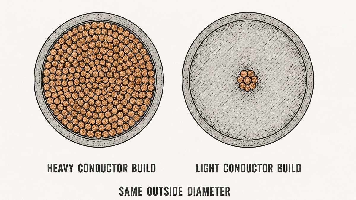 Two USB cables drawn as cut-away cross-sections side by side with identical outside diameters: the first holding a thick bundle of fine copper strands, the second holding a thin bundle with a large amount of filler around it, labelled below as a heavy conductor build and a light conductor build