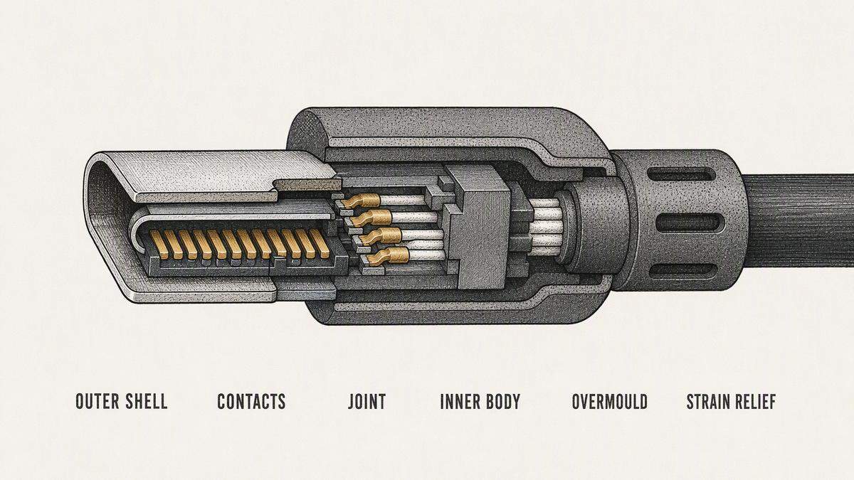 A USB plug drawn in cut-away section, labelled with leader lines as the outer shell, the contact row, the solder or weld joints behind the contacts, the inner body that holds the contacts in position, the overmoulded housing and the strain relief where the cable enters the plug