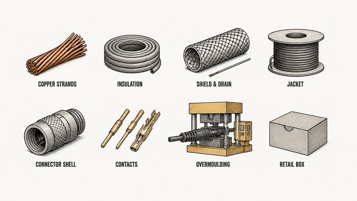USB cable cost lines drawn as two rows of labelled objects: a bundle of bare copper strands, a coil of insulation, a braided shield with a drain wire, a spool of jacket compound, a connector shell, a set of contacts, an overmoulding machine closing on a plug, and a packed retail box