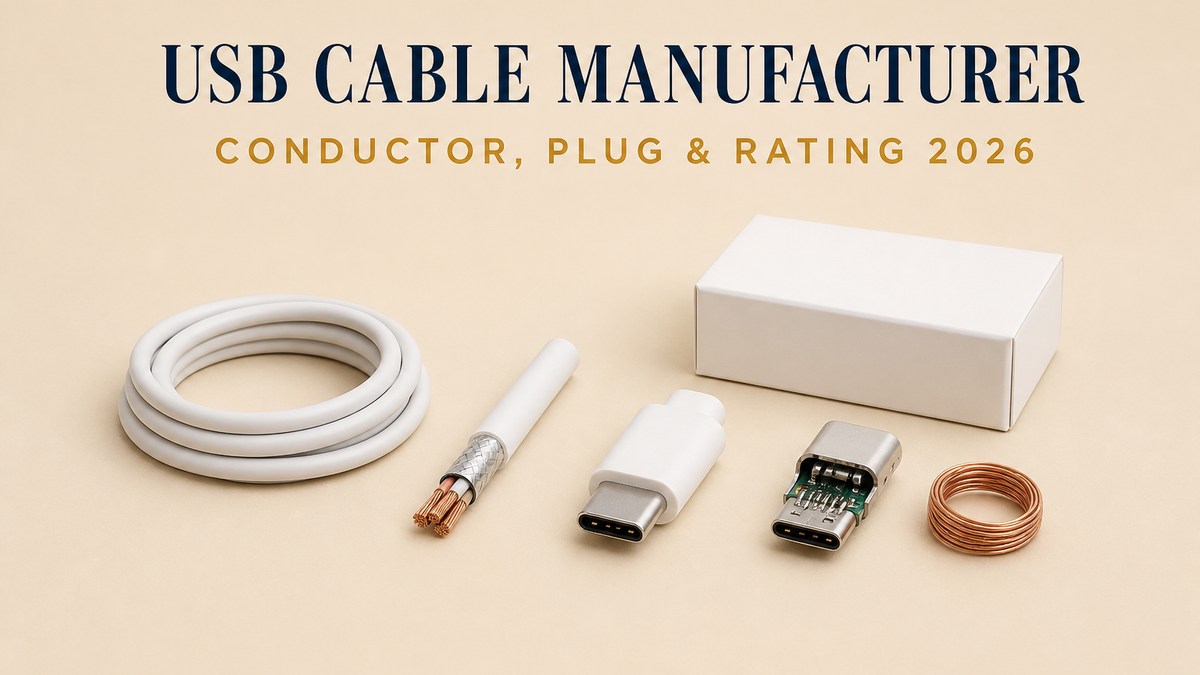 USB cable cover: a coiled charging cable, one short length cut open so the inner conductors and shield are visible, a bare moulded plug lying on its side with the contact face showing, a cut-away section of the plug showing the contacts and the solder joints, a loose spool of bare copper strands, and a plain white retail box on a pale beige studio surface