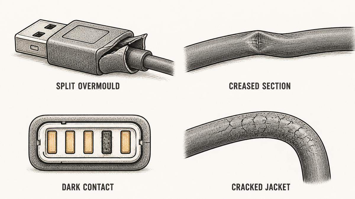 Four failed USB cables drawn as technical illustrations: a plug whose overmould is split and lifting away where the cable enters it, a cable with a sharp crease and a flattened section along its length, a connector contact face with one contact turned dark and discoloured, and a cable whose jacket has gone stiff with a fine network of cracks along a bent section