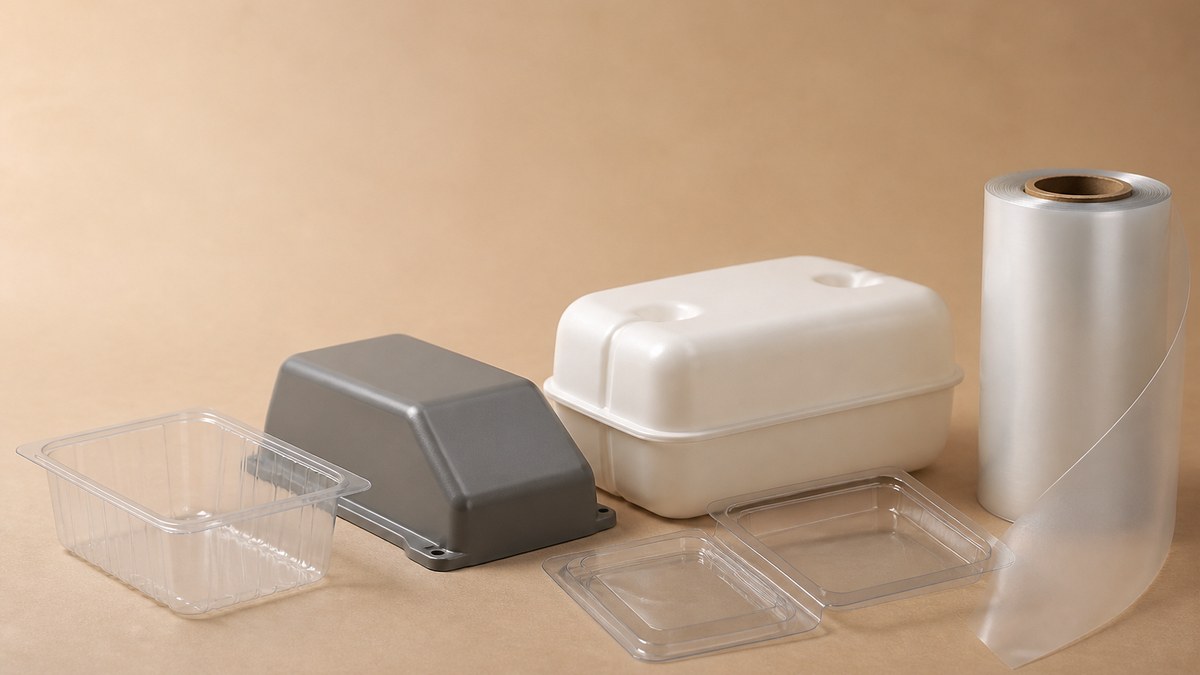 Vacuum forming sourcing cover: a clear formed tray, a pressure formed grey housing, a twin sheet hollow float, a deep drawn clamshell and a roll of plastic sheet on a beige studio surface