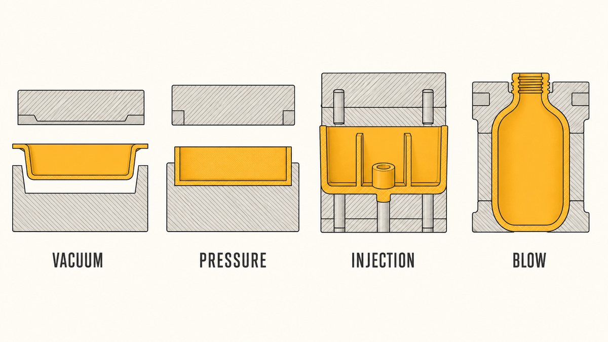 Four processes compared by the part they produce, each shown in section: a vacuum formed tray with an even thin wall, a pressure formed panel with a sharp corner, an injection moulded part with ribs and a boss, and a blow moulded hollow body with a neck