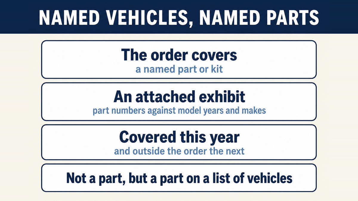 A California exemption is granted for a named part or kit on named vehicles, with the permission attaching to an exhibit that lists part numbers against model years and makes