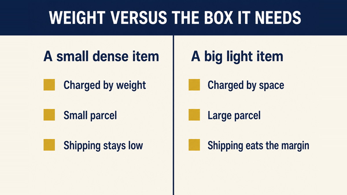 A comparison of a small dense pet accessory charged by weight against a light bulky pet bed charged by the space it occupies