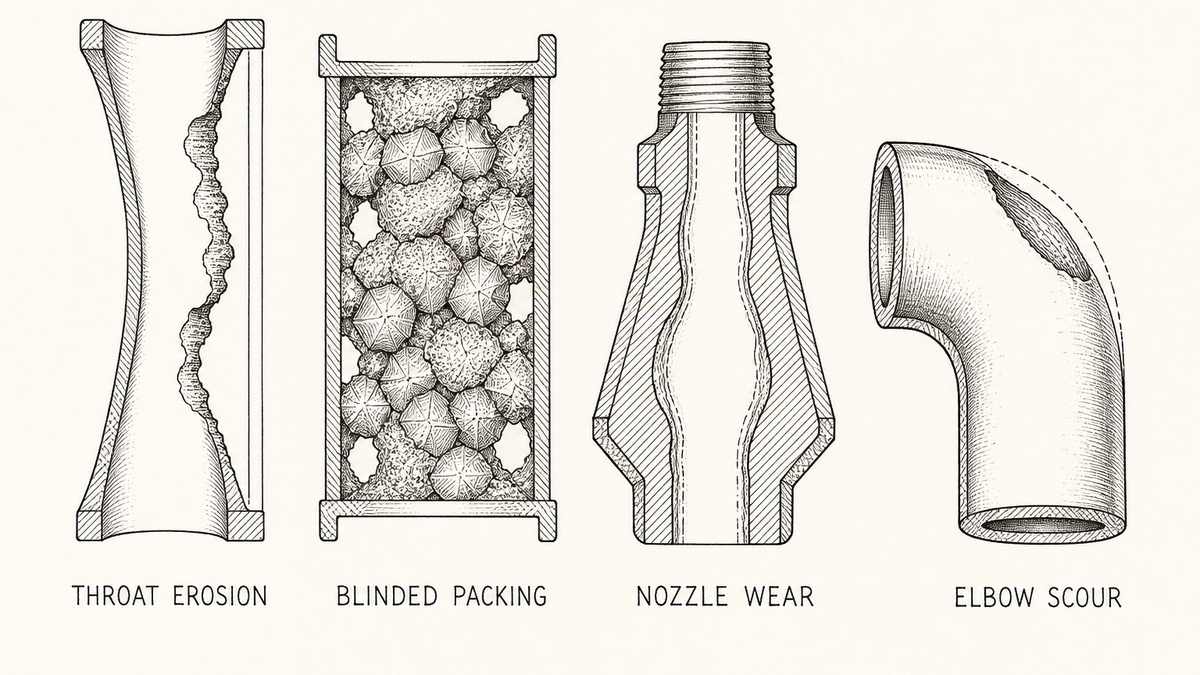 Four worn wet scrubber parts drawn in a single horizontal row as a hand-drawn pen-and-ink engineering plate, each in cut-away with a label underneath: a venturi throat whose inner wall is eaten into a deep uneven groove with the original wall shown as a thin intact reference line; a packed bed section whose voids are blocked and bridged with deposit; a spray nozzle whose internal passage has worn wider and out of round; and a duct elbow with a thin scoured patch on the outer wall of the bend