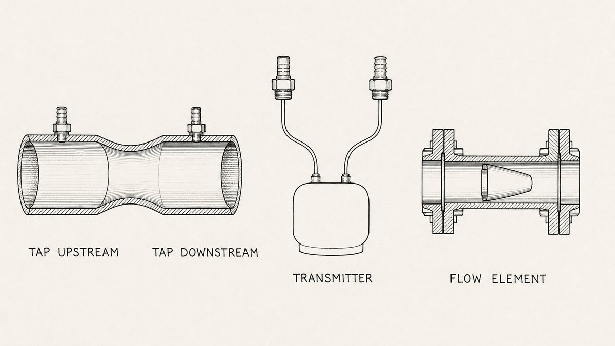Three views drawn in a single horizontal row as a hand-drawn pen-and-ink engineering plate, each with a label underneath: a duct in section with two small tap nipples penetrating the wall on either side of a narrowing throat; the two taps drawn larger, each joined by a thin line to a small plain instrument body with no face or scale; and a run of liquid pipe in section with two flanges and a plain in-line flow element sitting inside the bore