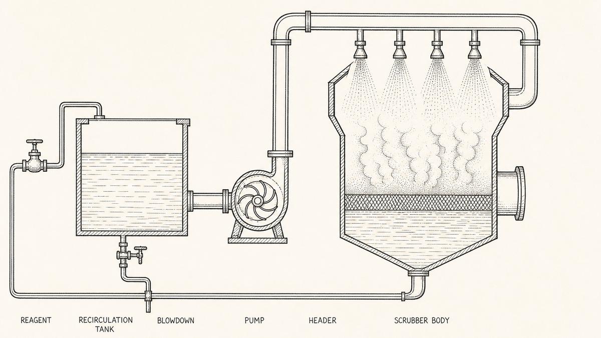 The scrubbing liquid circuit of a wet scrubber drawn across one frame as a hand-drawn pen-and-ink engineering plate, a single connected arrangement with hand-lettered labels underneath each item: a rectangular recirculation tank in section with liquid shown by hatching and a level line; a centrifugal pump in section with its impeller visible; a rising header pipe running up and across the top; a row of nozzles hanging from the header pointing down into the scrubber body; the scrubber body in partial section with the downward spray meeting rising gas; a small reagent dosing connection joining the tank; and a bleed line leaving the tank to a drain