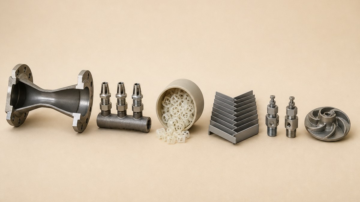 A wet scrubber cover image showing a cut-away venturi throat with its converging and diverging profile, a three-nozzle manifold of hollow-cone spray nozzles, a packed cylinder of random plastic saddles on a warm beige studio surface