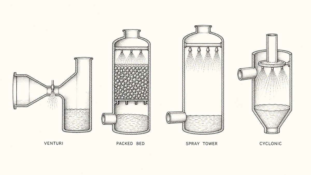 Four wet scrubber designs drawn in a single horizontal row as a hand-drawn pen-and-ink engineering plate, each a cut-away view with a label underneath: a venturi scrubber with a converging duct, throat and flooded elbow; a packed bed tower with packing on a support grid and liquid sprayed down onto it; a spray tower with gas entering low and rising through a downward spray; and a cyclonic scrubber with a tangential gas inlet and a central gas outlet