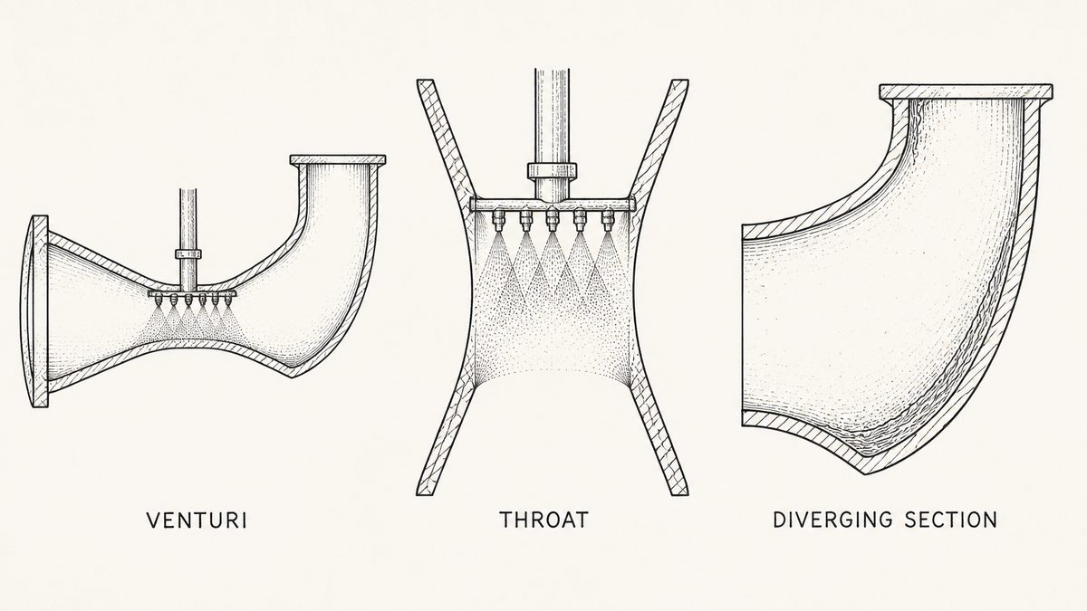 Three cut-away views of venturi scrubber internals drawn in a single horizontal row as a hand-drawn pen-and-ink engineering plate, each with a label underneath: the whole venturi in section converging to a narrow throat then diverging into an elbow with a liquid manifold entering the throat; a large close view of the throat showing a fan of droplets spanning the narrowest point; and a large view of the diverging section with droplets still carried in the gas stream and a film forming along the wall