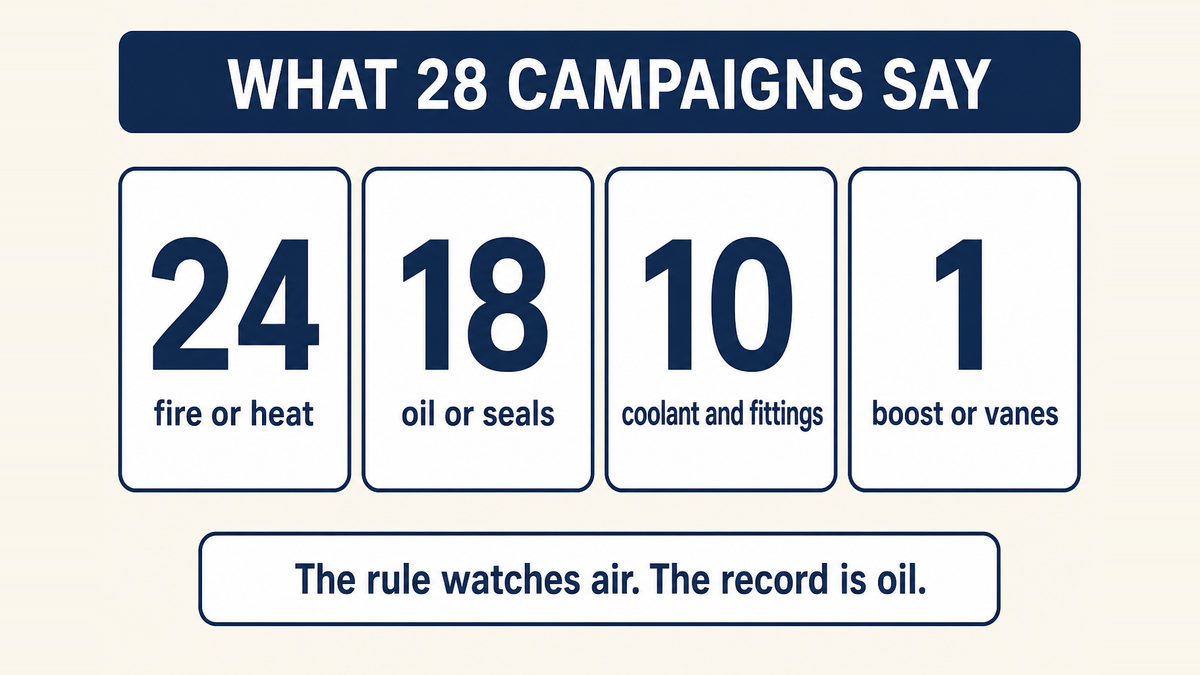 Causes across the 28 federal campaigns naming a turbocharger: fire or heat in 24, oil leaks or seals in 18, coolant and fittings in 10, stalling in 6, and boost control, wastegates or vanes in one